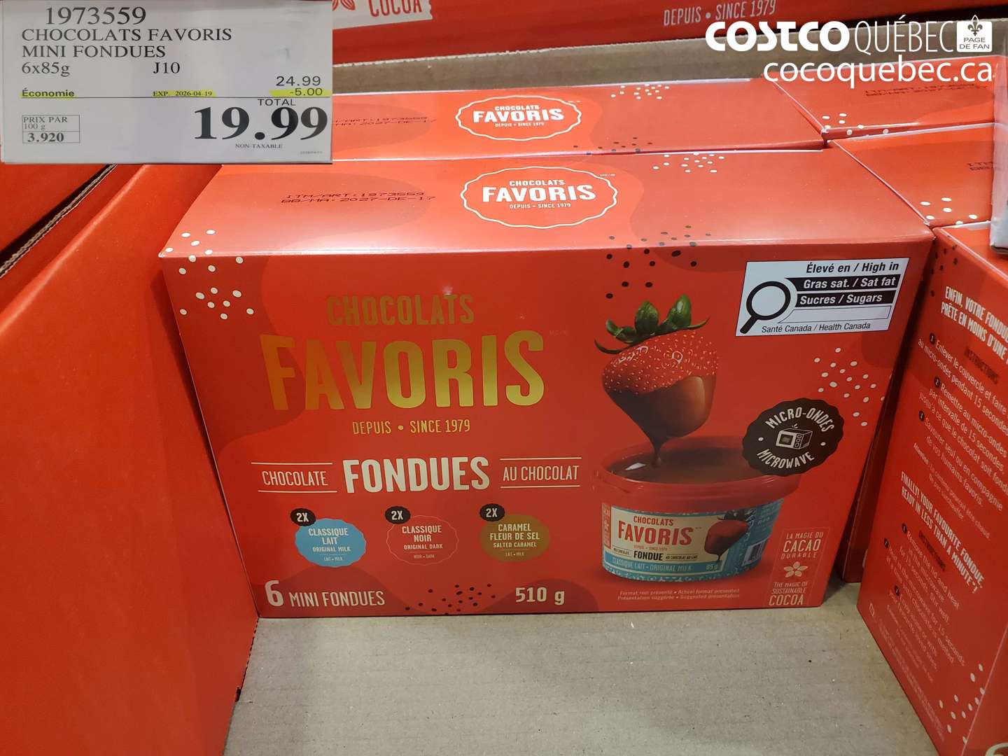 1973559 CHOCOLATS FAVORIS MINI FONDUES 6X85G ($5.00 INSTANT SAVINGS EXPIRES ON 2026-04-19) $19.99