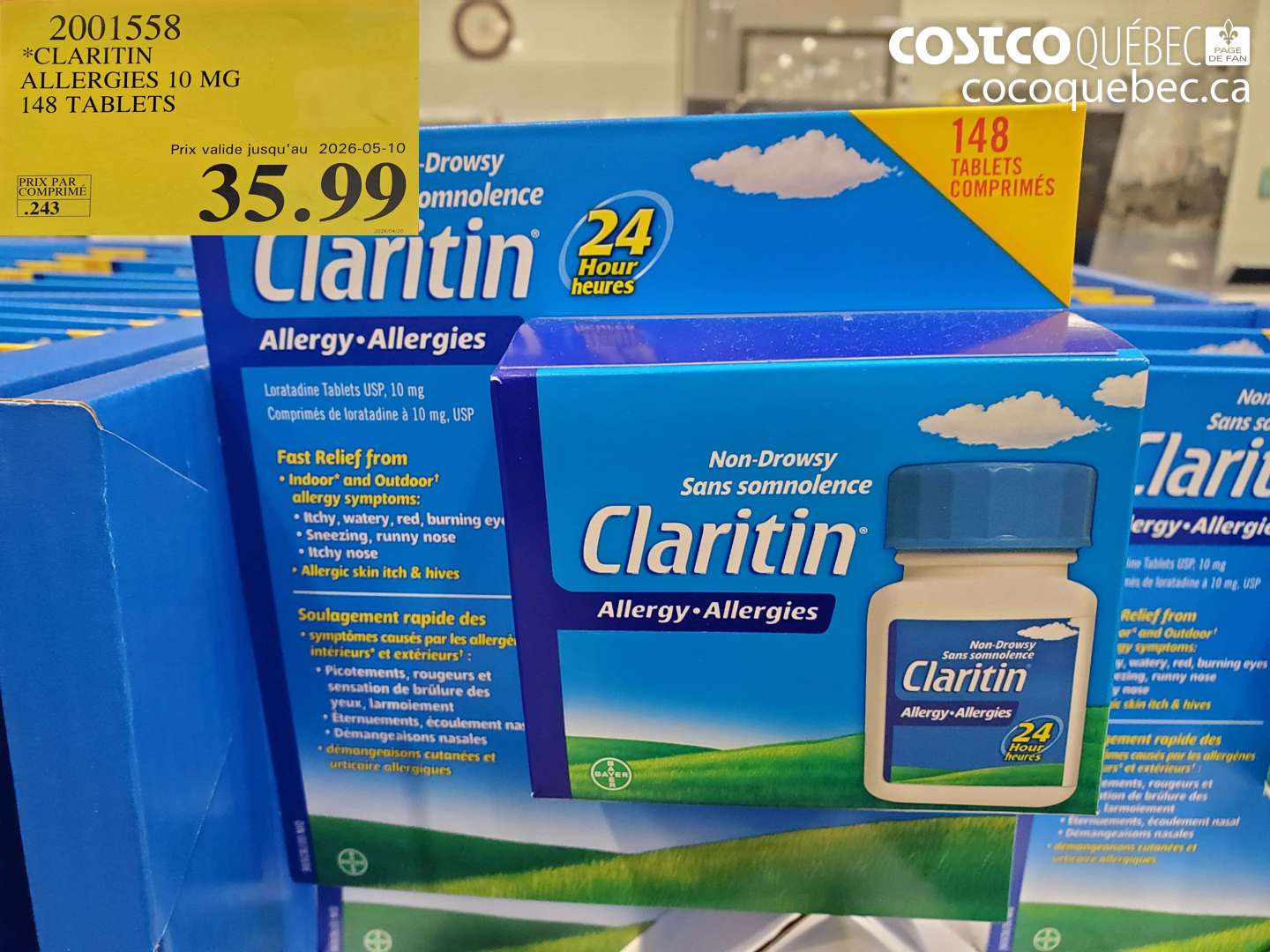 2001558 CLARITIN ALLERGIES 10 MG 148 TABLETS (EXPIRES ON 2026-05-10) $35.99