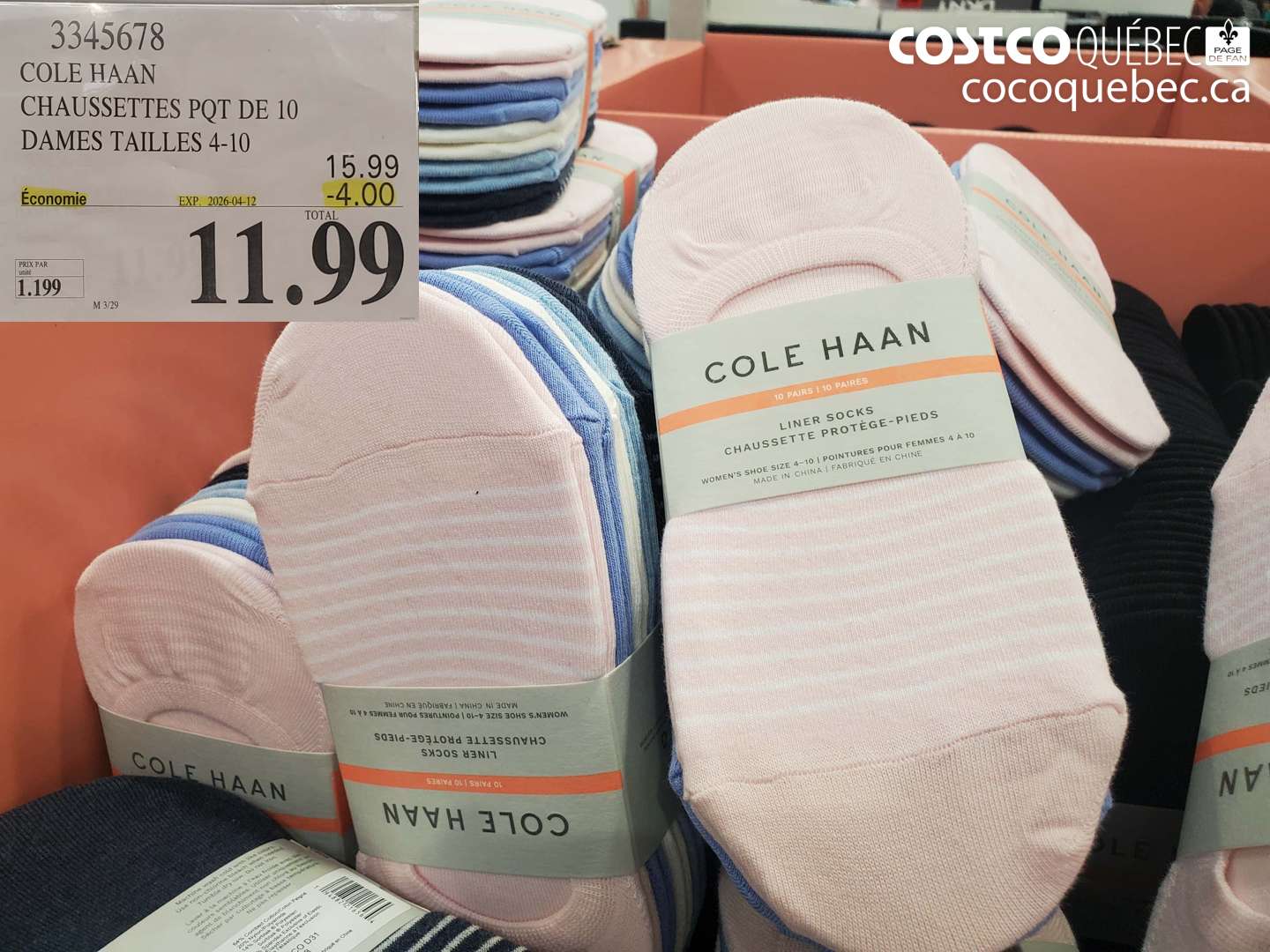 3345678 COLE HAAN CHAUSSETTES PQT DE 10 DAMES TAILLES 4-10 ($4.00 INSTANT SAVINGS EXPIRES ON 2026-04-12) $11.99