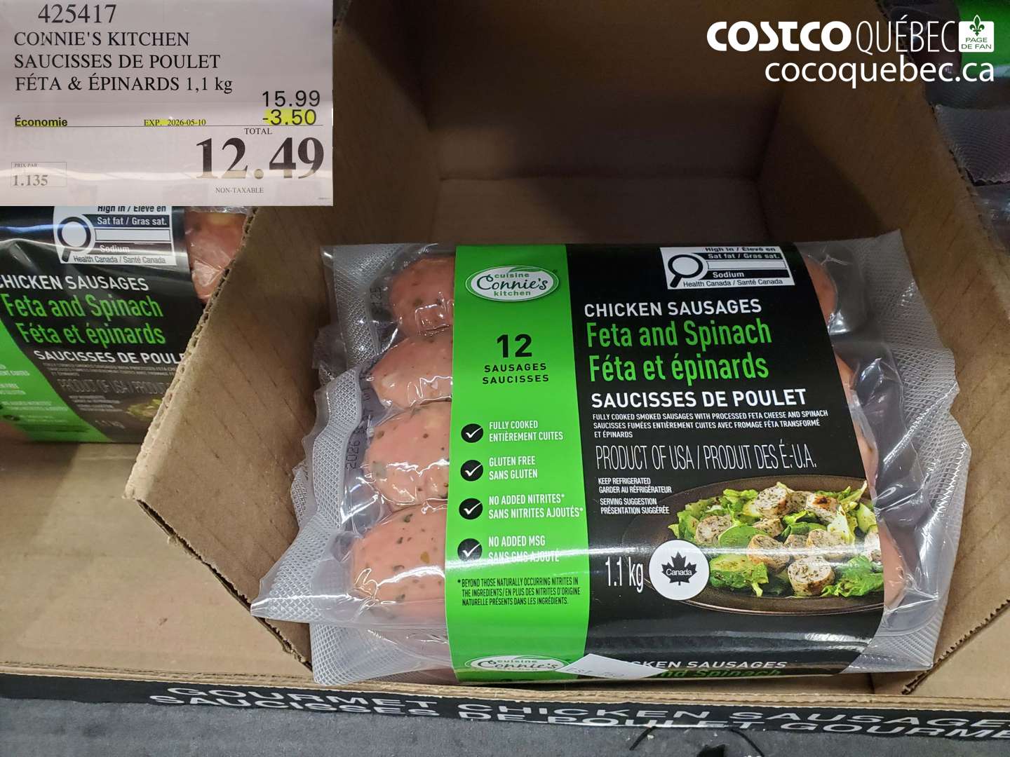 425417 CONNIE'S KITCHEN SAUCISSES DE POULET FETA & EPINARDS 1,1 KG ($3.50 INSTANT SAVINGS EXPIRES ON 2026-05-10) $12.49