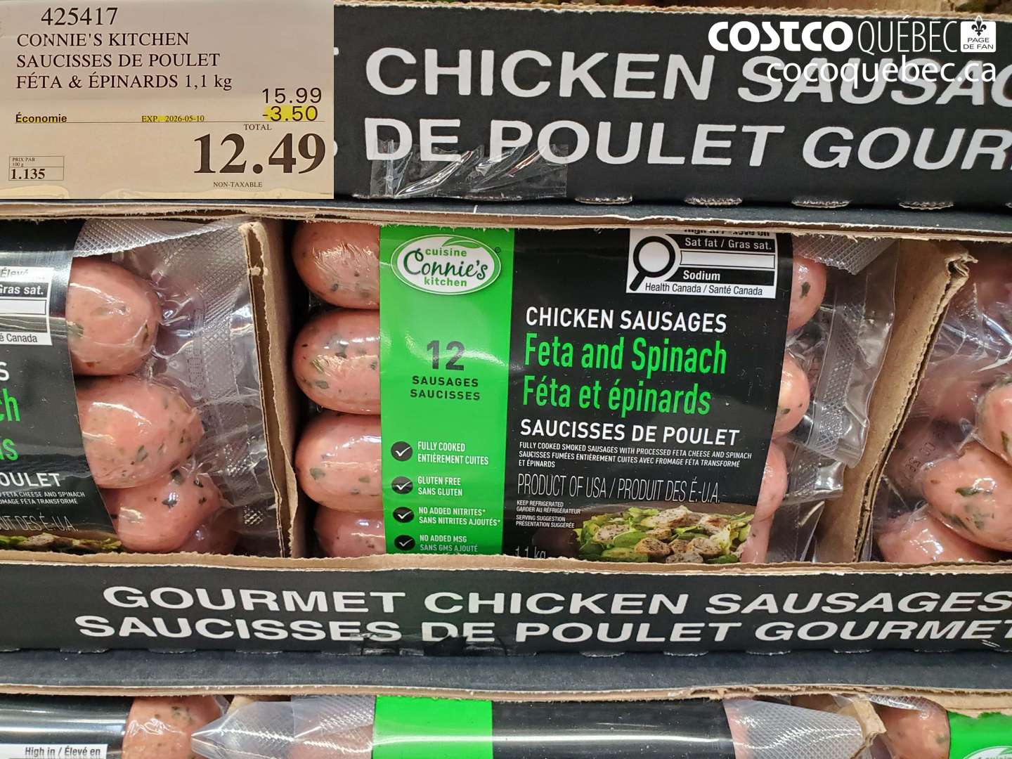 425417 CONNIE'S KITCHEN SAUCISSES DE POULET FÉTA & ÉPINARDS 1.1 KG ($3.50 INSTANT SAVINGS EXPIRES ON 2026-05-10) $12.49