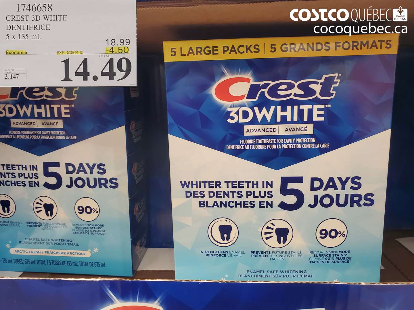 1746658 CREST 3D WHITE DENTIFRICE 5 X 135 ML ($4.50 INSTANT SAVINGS EXPIRES ON 2026-04-12) $14.49