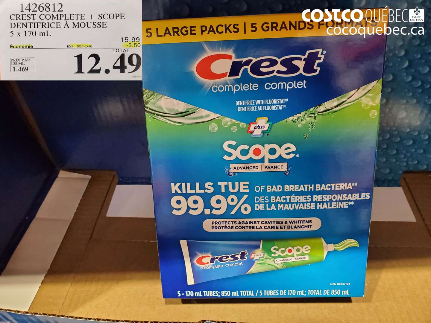1426812 CREST COMPLETE + SCOPE DENTIFRICE A MOUSSE 5 X 170 ML ($3.50 INSTANT SAVINGS EXPIRES ON 2026-05-03) $12.49