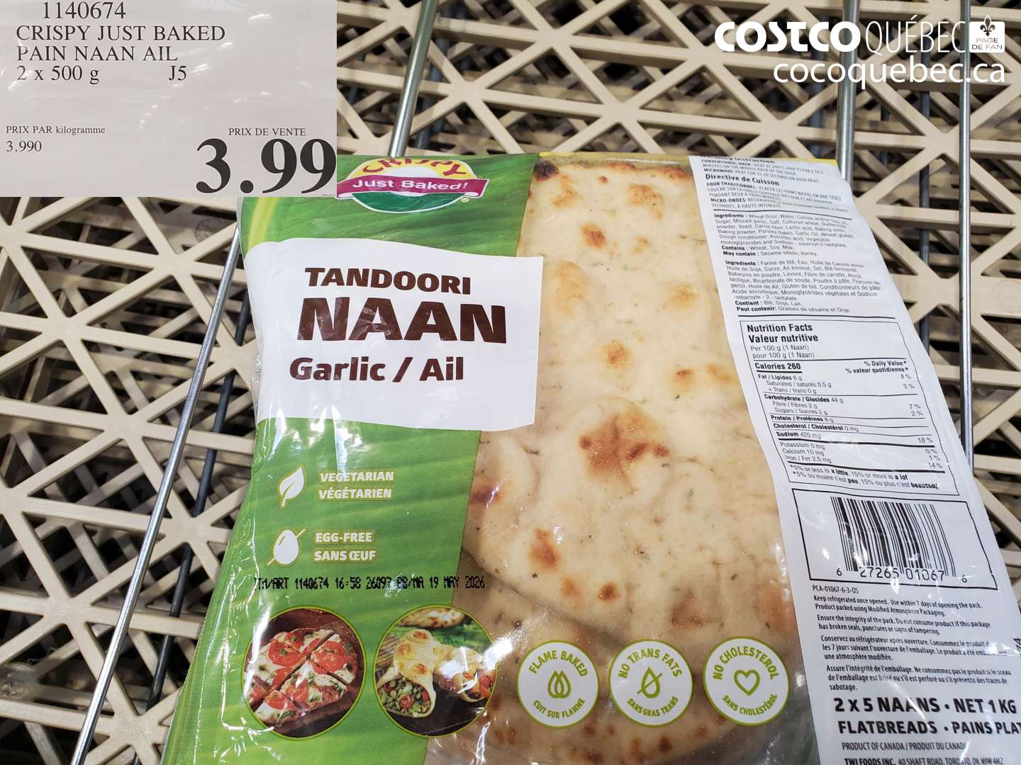 1140674 CRISPY JUST BAKED PAIN NAAN AIL 2 X 500 G $3.99