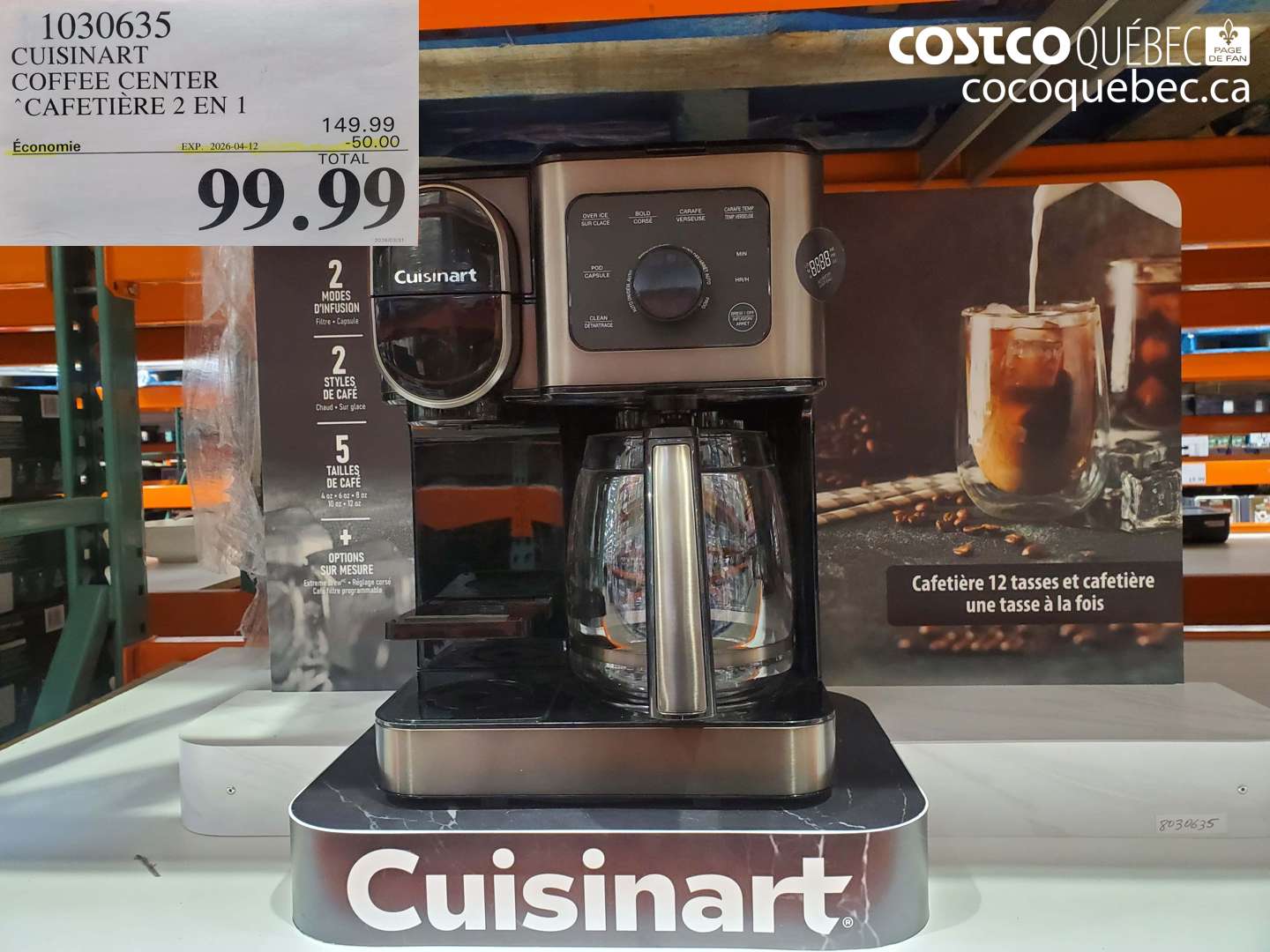 1030635 CUISINART COFFEE CENTER CAFETIERE 2 EN 1 ($50.00 INSTANT SAVINGS EXPIRES ON 2026-04-12) $99.99