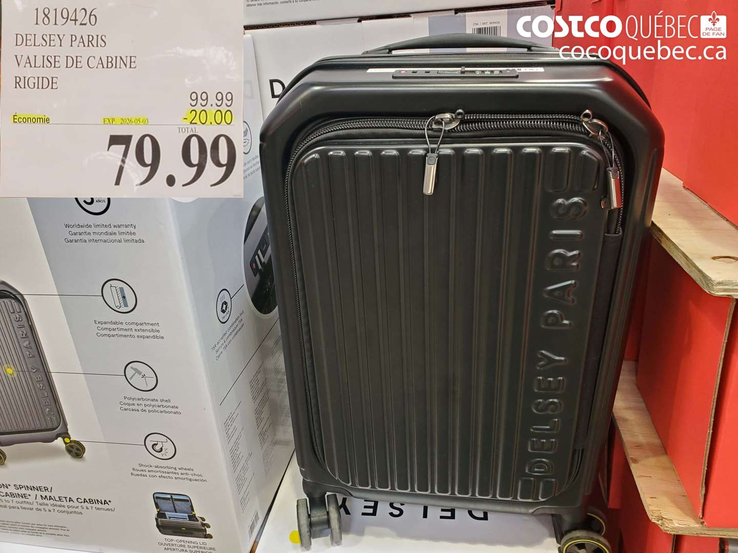 1819426 DELSEY PARIS VALISE DE CABINE RIGIDE ($20.00 INSTANT SAVINGS EXPIRES ON 2026-05-03) $79.99