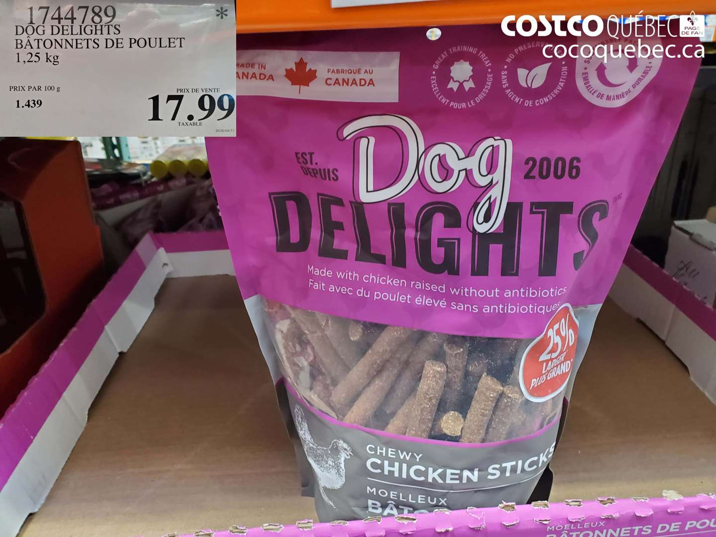 1744789 DOG DELIGHTS BATONNETS DE POULET 1,25 KG $17.99