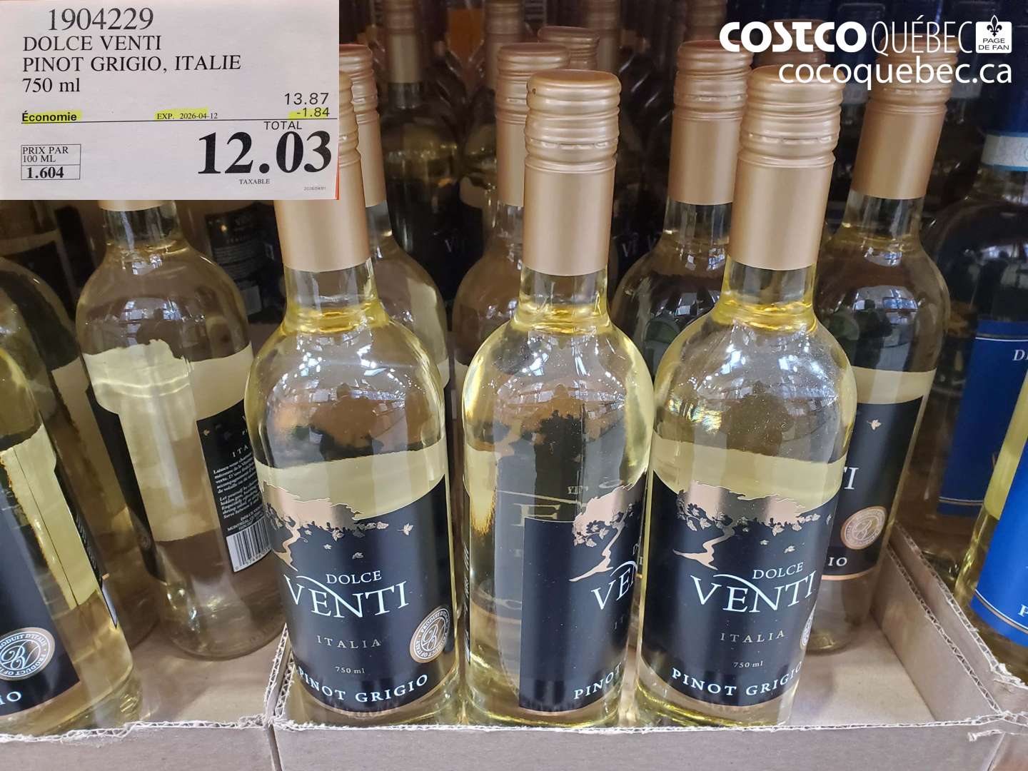 1904229 DOLCE VENTI PINOT GRIGIO, ITALIE 750 ML ($1.84 INSTANT SAVINGS EXPIRES ON 2026-04-12) $12.03