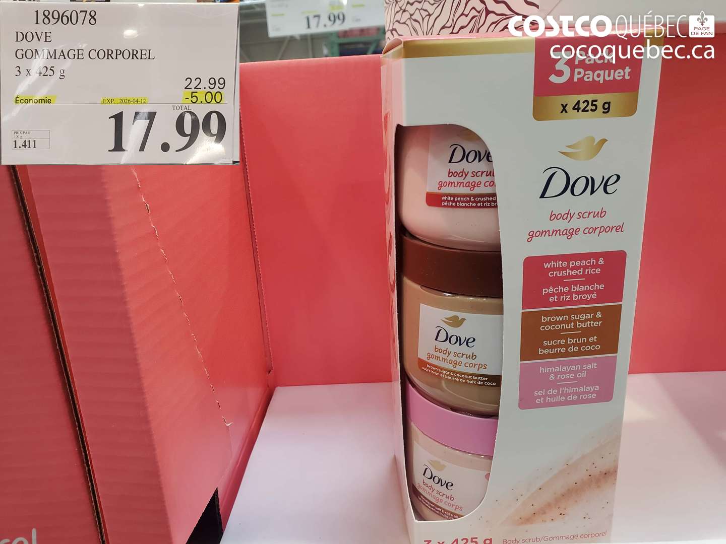 1896078 DOVE GOMMAGE CORPOREL 3 X 425 G ($5.00 INSTANT SAVINGS EXPIRES ON 2026-04-12) $17.99