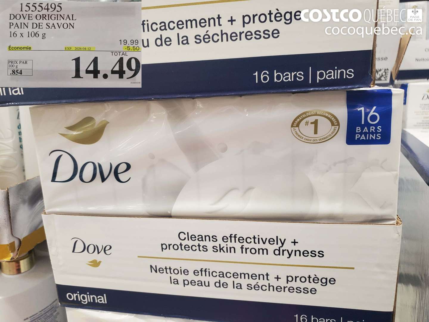 1555495 DOVE ORIGINAL PAIN DE SAVON 16 X 106 G ($5.50 INSTANT SAVINGS EXPIRES ON 2026-04-12) $14.49