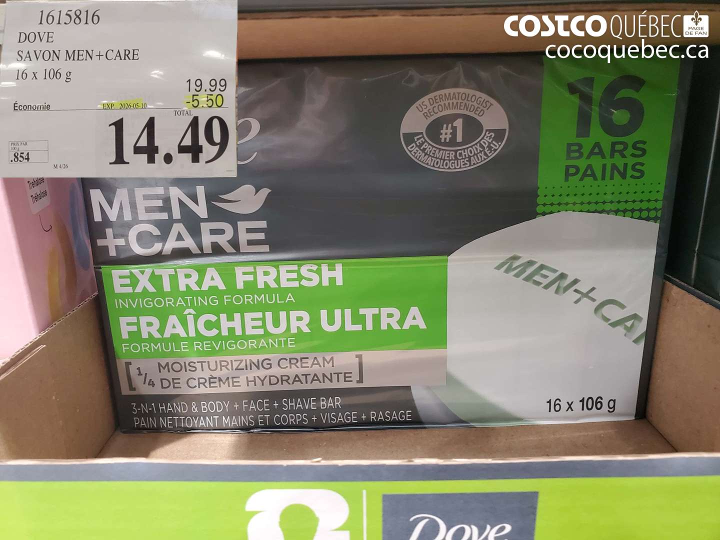 1615816 DOVE SAVON MEN+CARE 16 X 106 G ($5.50 INSTANT SAVINGS EXPIRES ON 2026-05-10) $14.49