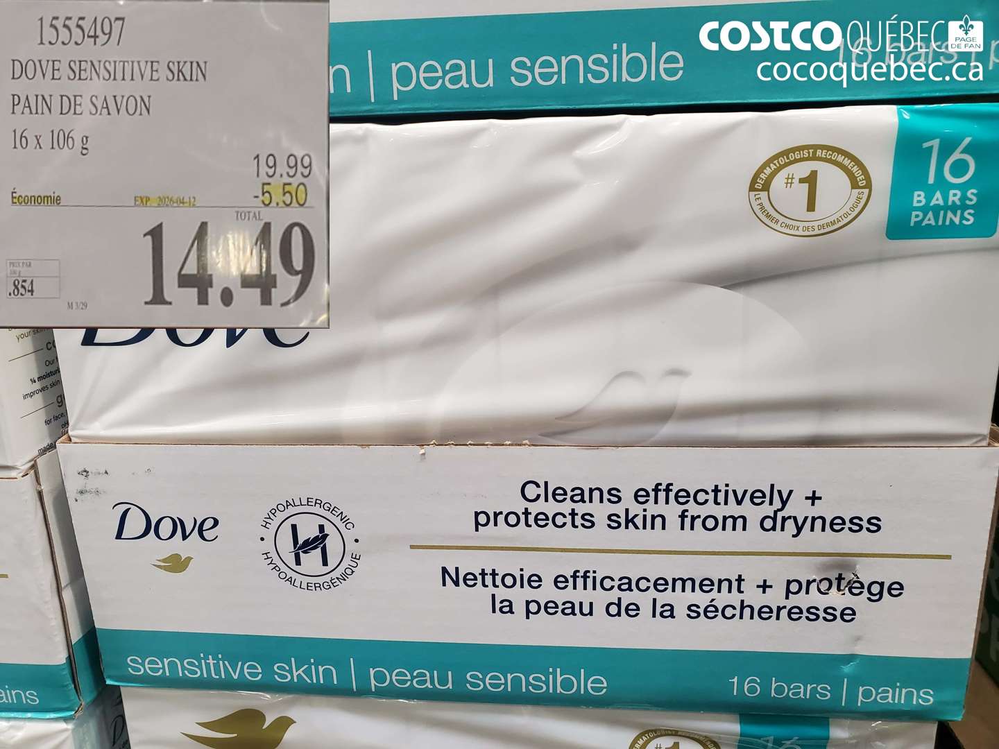 1555497 DOVE SENSITIVE SKIN PAIN DE SAVON 16 X 106 G ($5.50 INSTANT SAVINGS EXPIRES ON 2026-04-12) $14.49