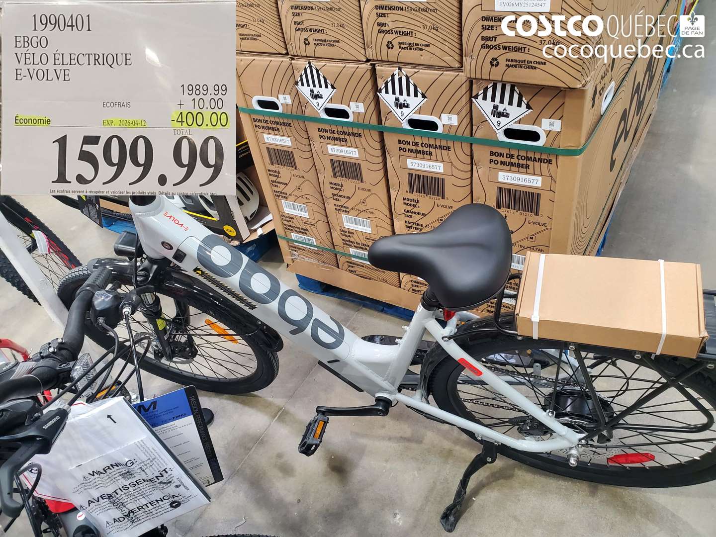 1990401 EBGO VELO ÉLECTRIQUE E-VOLVE ($400.00 INSTANT SAVINGS EXPIRES ON 2026-04-12) $1599.99