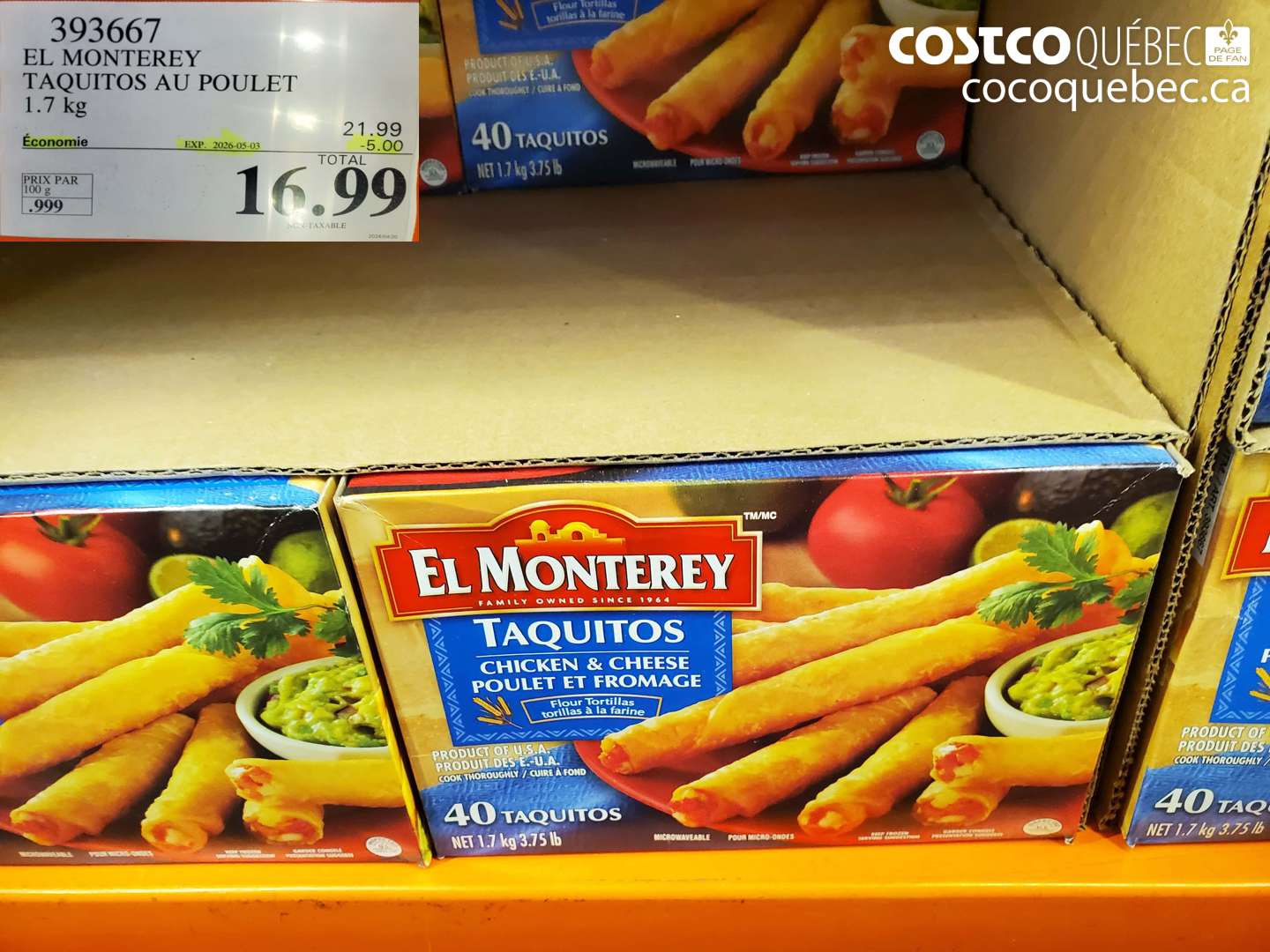 393667 EL MONTEREY TAQUITOS AU POULET 1.7 KG ($5.00 INSTANT SAVINGS EXPIRES ON 2026-05-03) $16.99