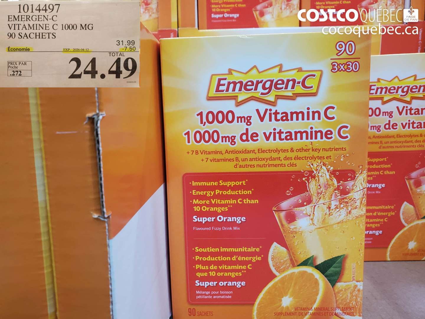 1014497 EMERGEN-C VITAMINE C 1000 MG 90 SACHETS ($7.50 INSTANT SAVINGS EXPIRES ON 2026-04-12) $24.49