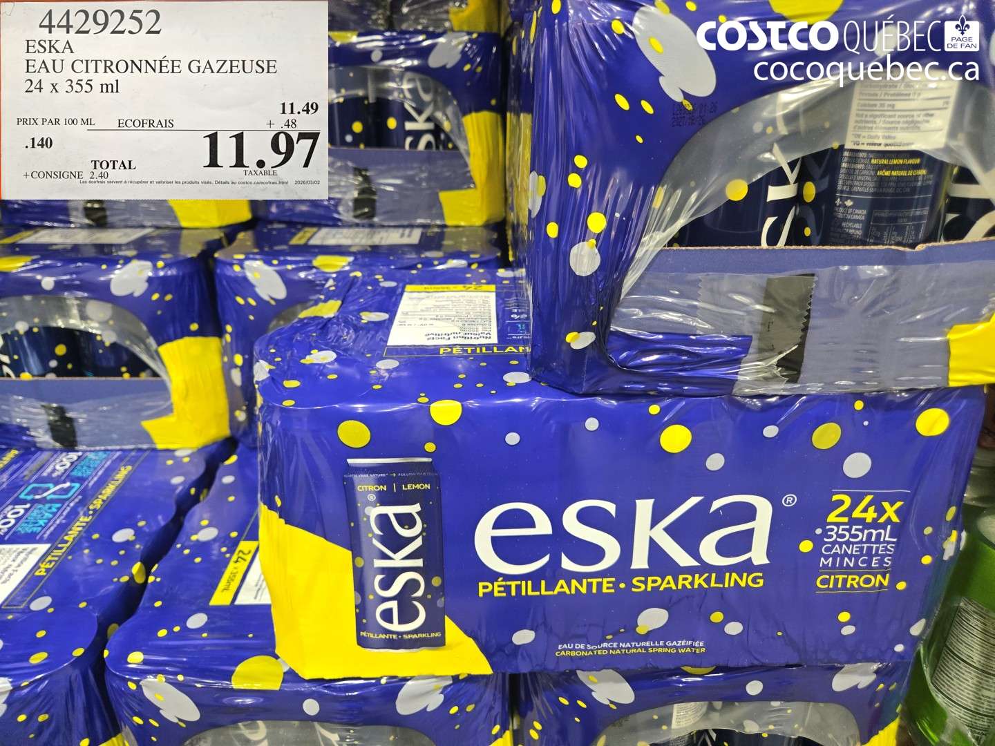 4429252 ESKA EAU CITRONNÉE GAZEUSE 24 X 355 ML $11.97