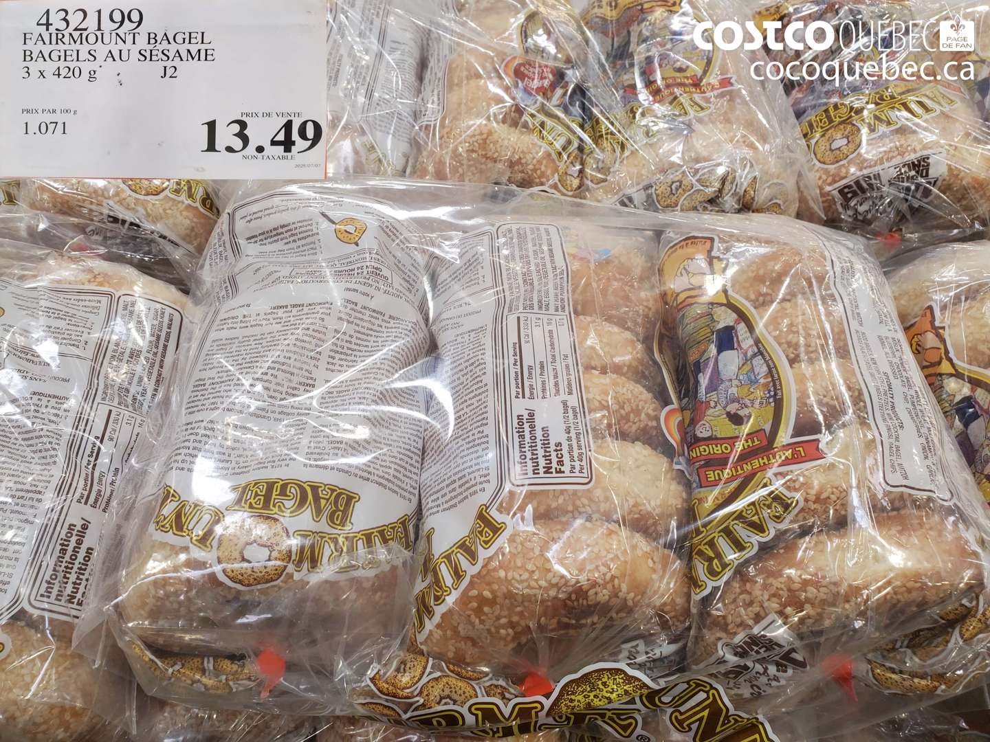 432199 FAIRMOUNT BAGEL BAGELS AU SESAME 3 X 420 G $13.49