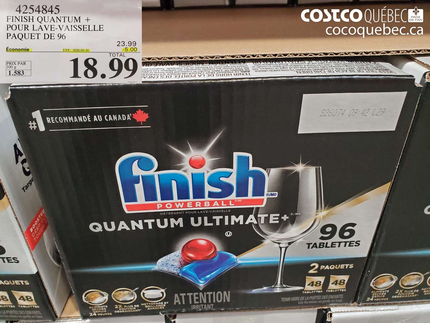 4254845 FINISH QUANTUM + POUR LAVE-VAISSELLE PAQUET DE 96 ($5.00 INSTANT SAVINGS EXPIRES ON 2026-04-26) $18.99