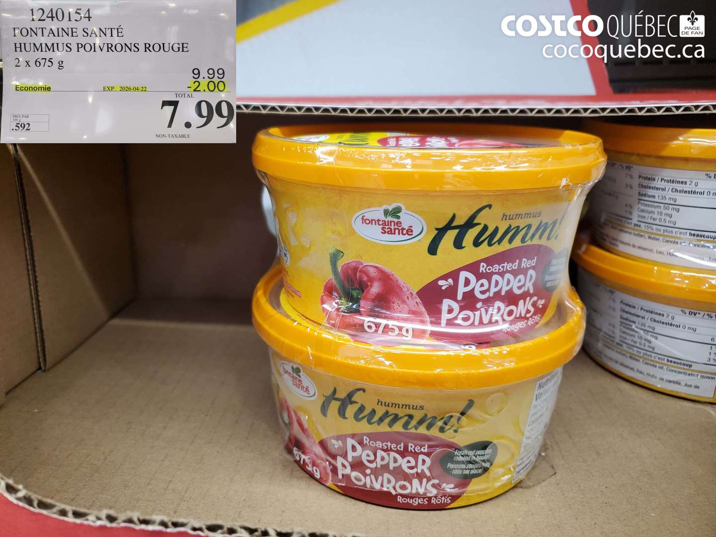 1240154 FONTAINE SANTE HUMMUS POIVRONS ROUGE 2 X 675 G ($2.00 INSTANT SAVINGS EXPIRES ON 2026-04-22) $7.99