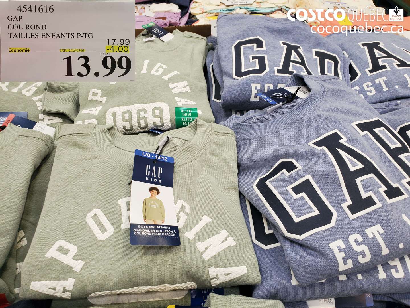 4541616 GAP COL ROND TAILLES ENFANTS P-TG ($4.00 INSTANT SAVINGS EXPIRES ON 2026-05-03) $13.99