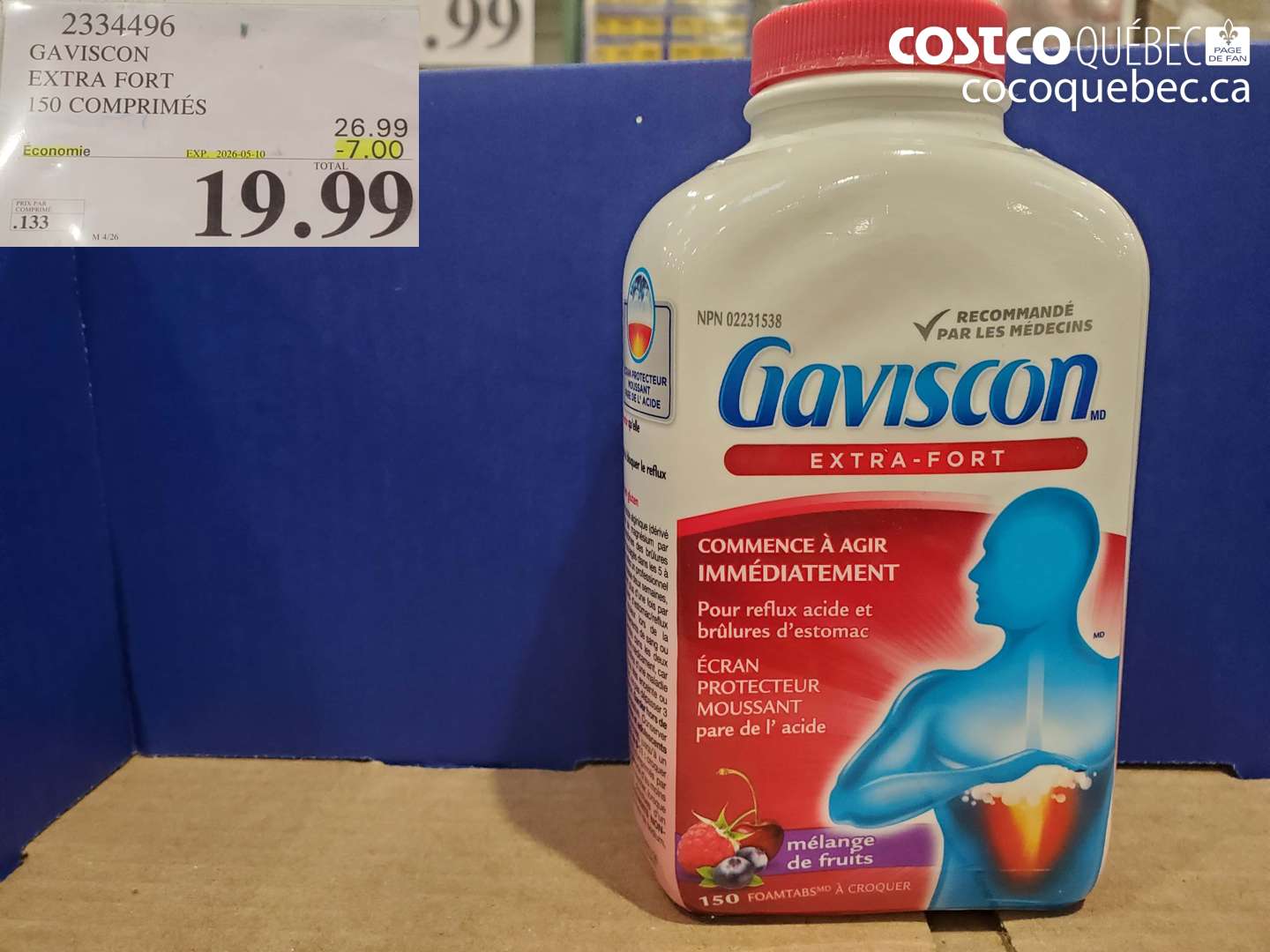 2334496 GAVISCON EXTRA FORT 150 COMPRIMÉS ($7.00 INSTANT SAVINGS EXPIRES ON 2026-05-10) $19.99
