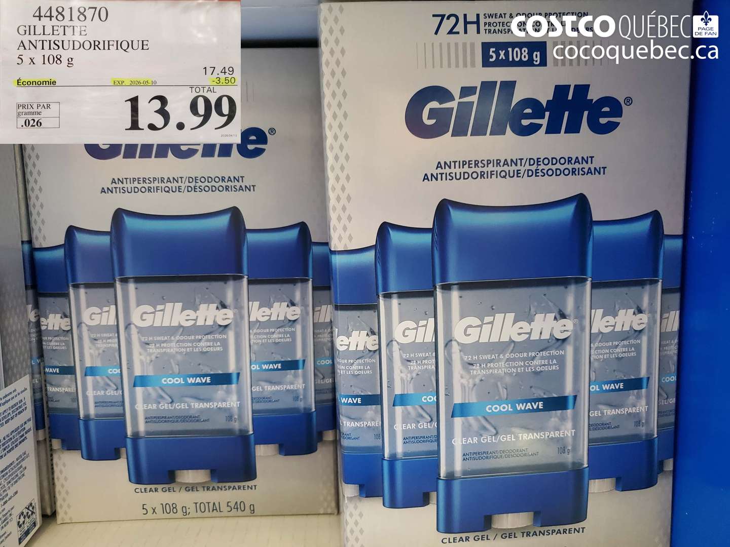 4481870 GILLETTE ANTISUDORIFIQUE 5 X 108 G ($3.50 INSTANT SAVINGS EXPIRES ON 2026-05-10) $13.99