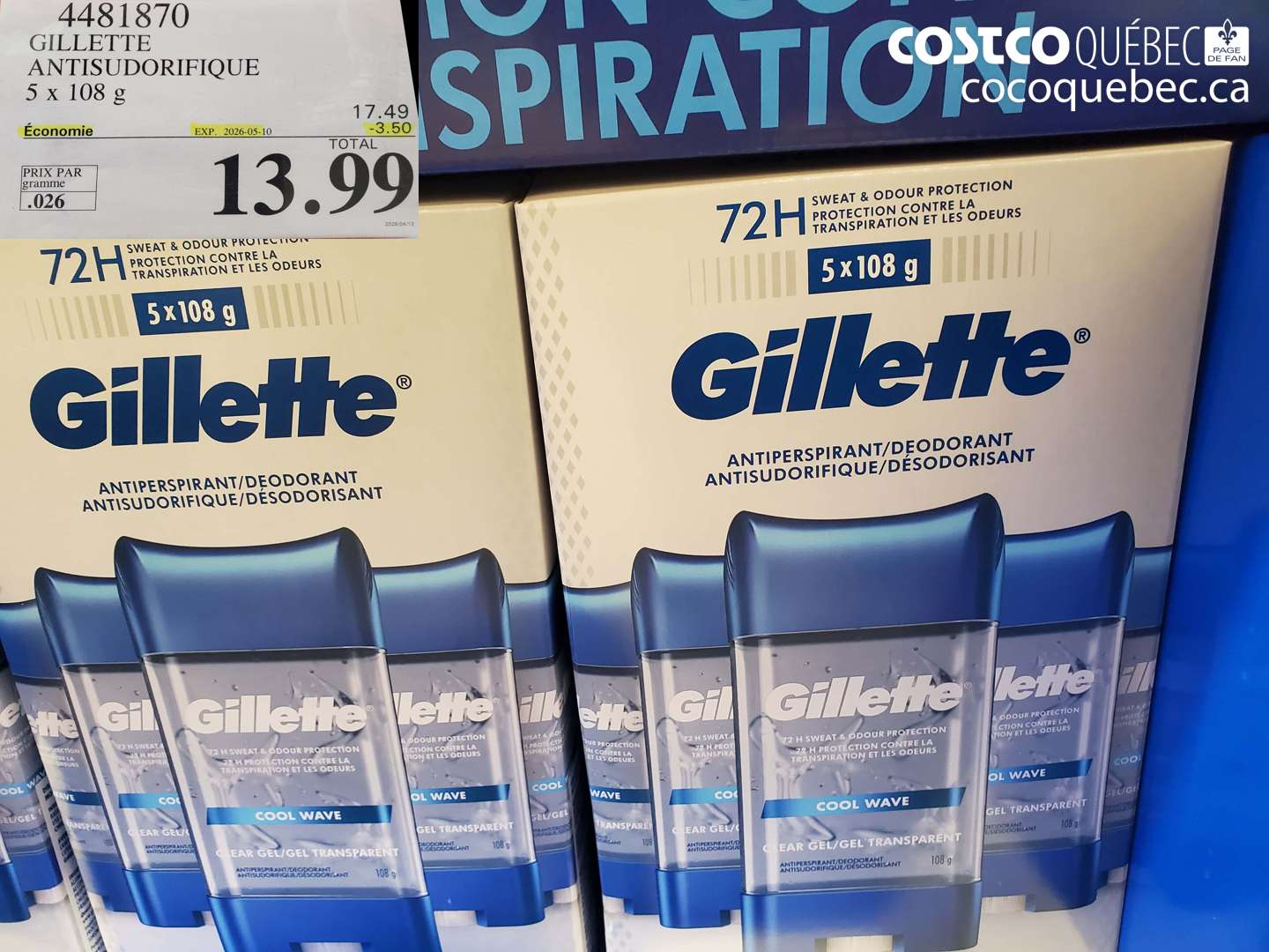 4481870 GILLETTE ANTISUDORIFIQUE 5 X 108 G ($3.50 INSTANT SAVINGS EXPIRES ON 2026-05-10) $13.99