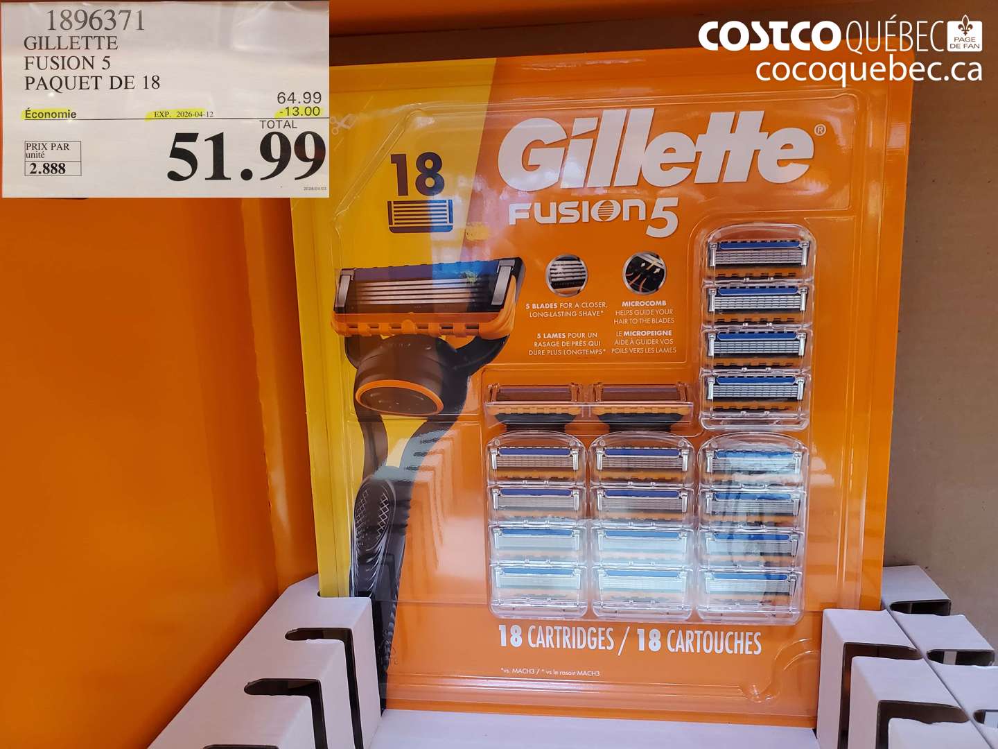 1896371 GILLETTE FUSION 5 PAQUET DE 18 ($13.00 INSTANT SAVINGS EXPIRES ON 2026-04-12) $51.99