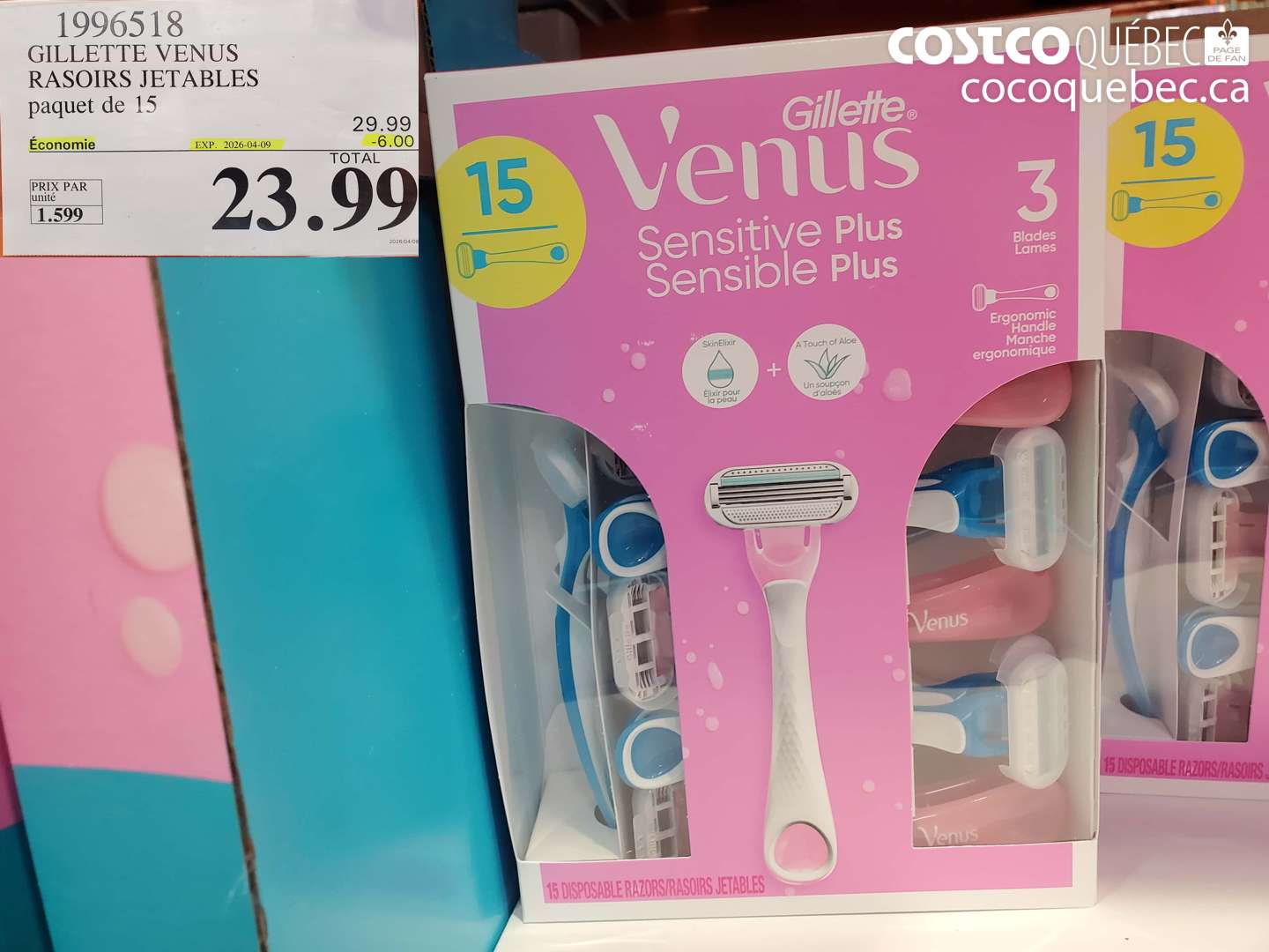 1996518 GILLETTE VENUS RASOIRS JETABLES PAQUET DE 15 ($6.00 INSTANT SAVINGS EXPIRES ON 2026-04-09) $23.99