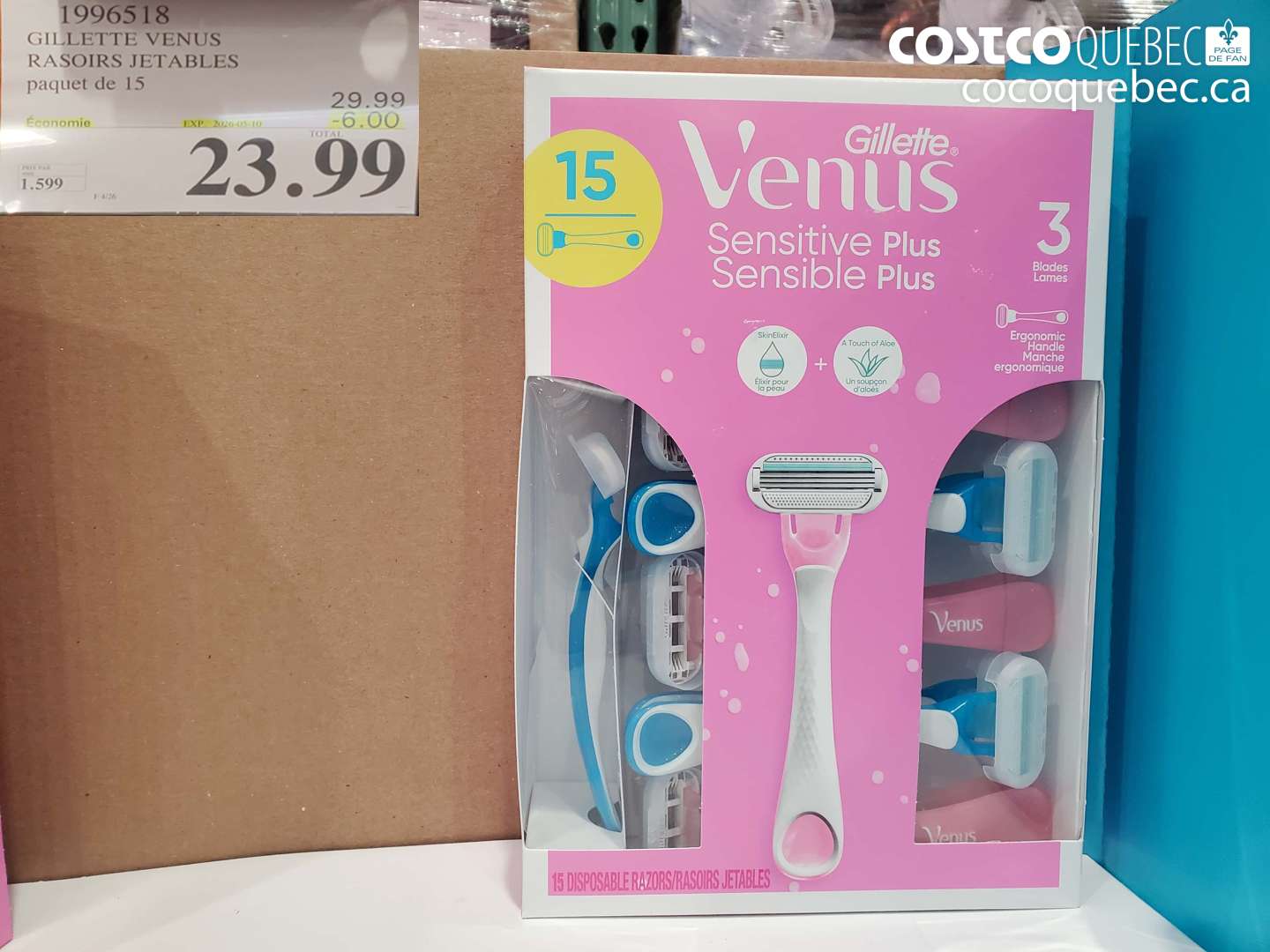 1996518 GILLETTE VENUS RASOIRS JETABLES PAQUET DE 15 ($6.00 INSTANT SAVINGS EXPIRES ON 2026-05-10) $23.99