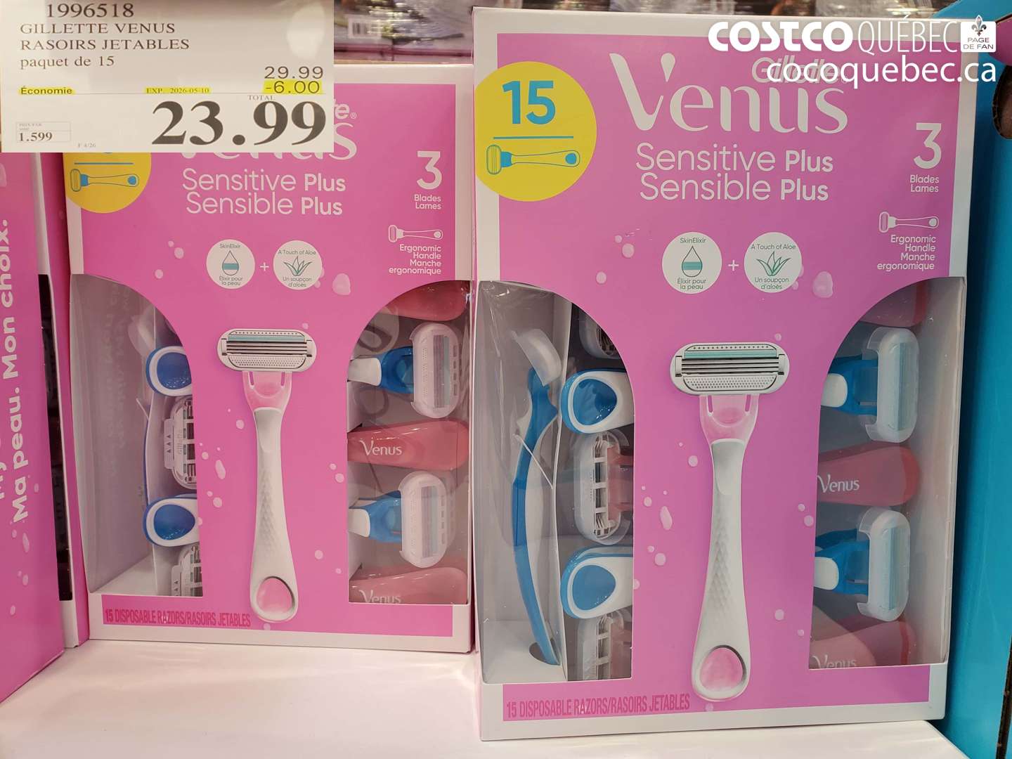 1996518 GILLETTE VENUS RASOIRS JETABLES PAQUET DE 15 ($6.00 INSTANT SAVINGS EXPIRES ON 2026-05-10) $23.99