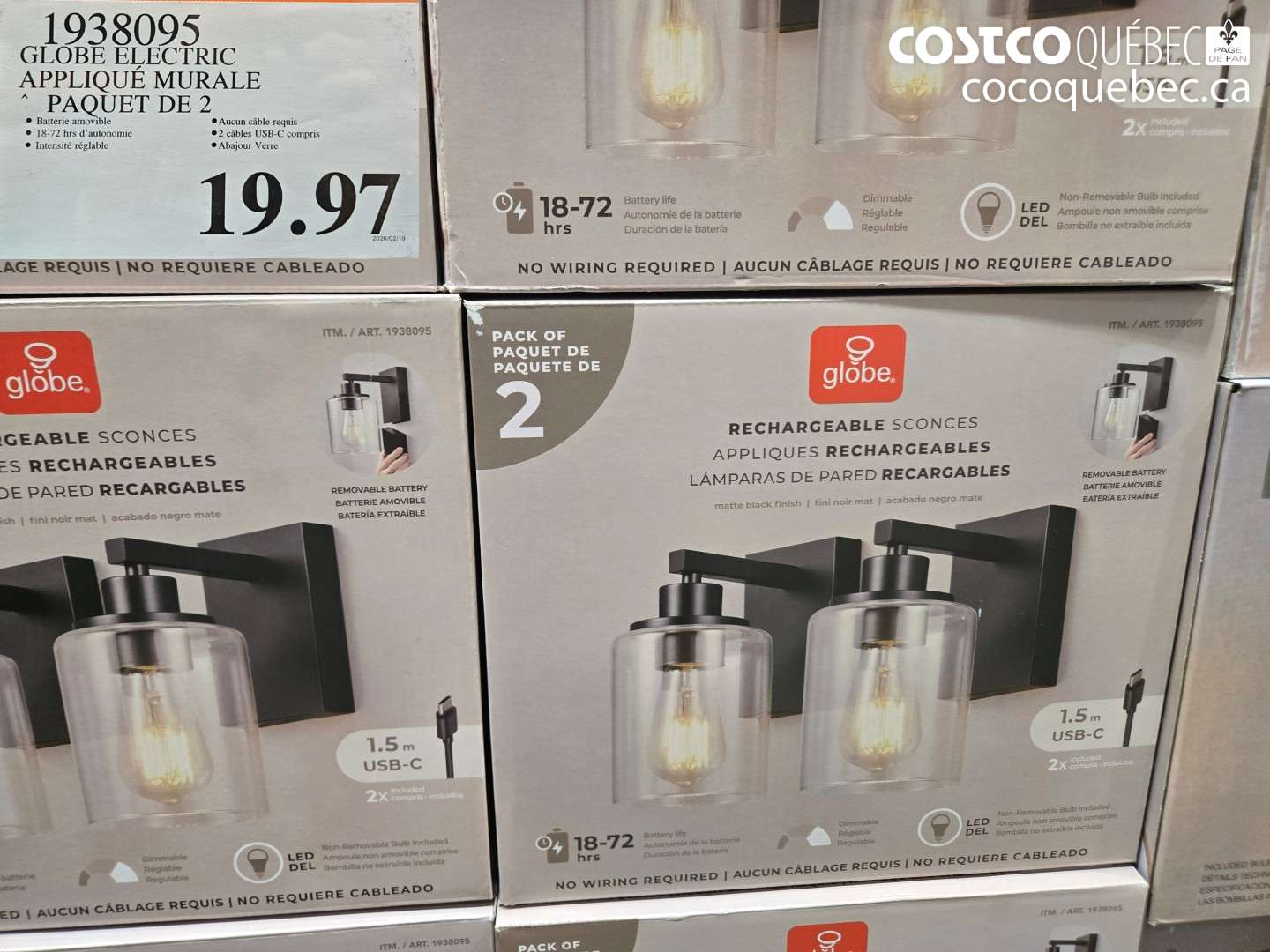 1938095 GLOBE ELECTRIC APPLIQUÉ MURALE PAQUET DE 2 $19.97