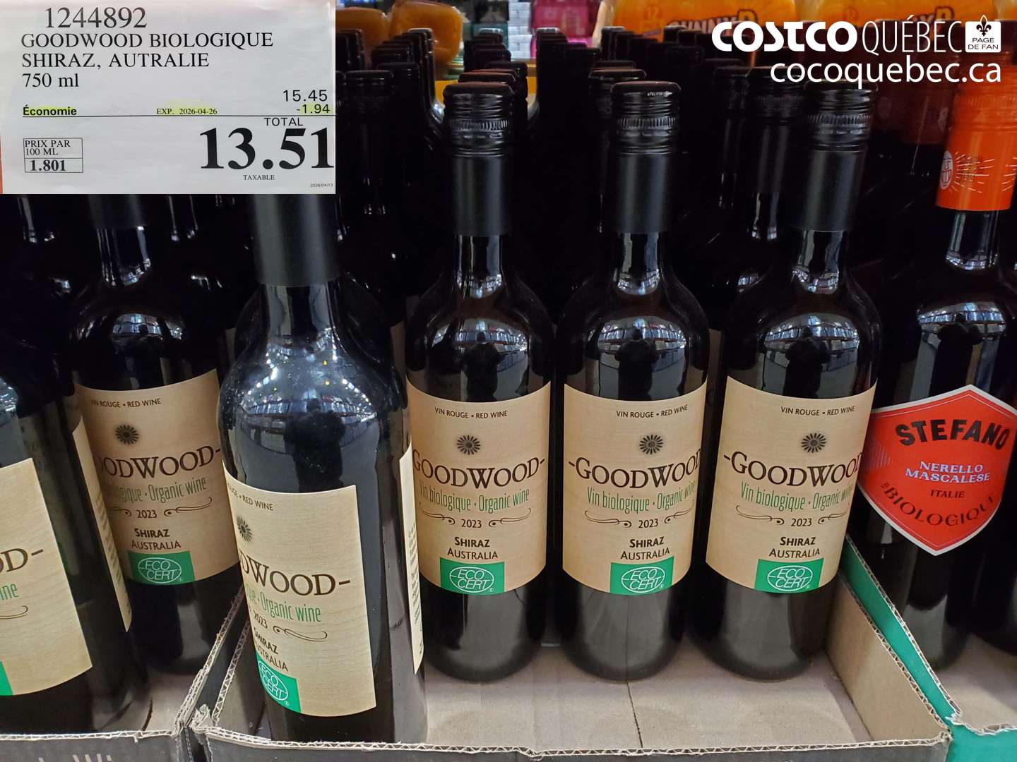1244892 GOODWOOD BIOLOGIQUE SHIRAZ, AUSTRALIE 750 ML ($1.94 INSTANT SAVINGS EXPIRES ON 2026-04-26) $13.51