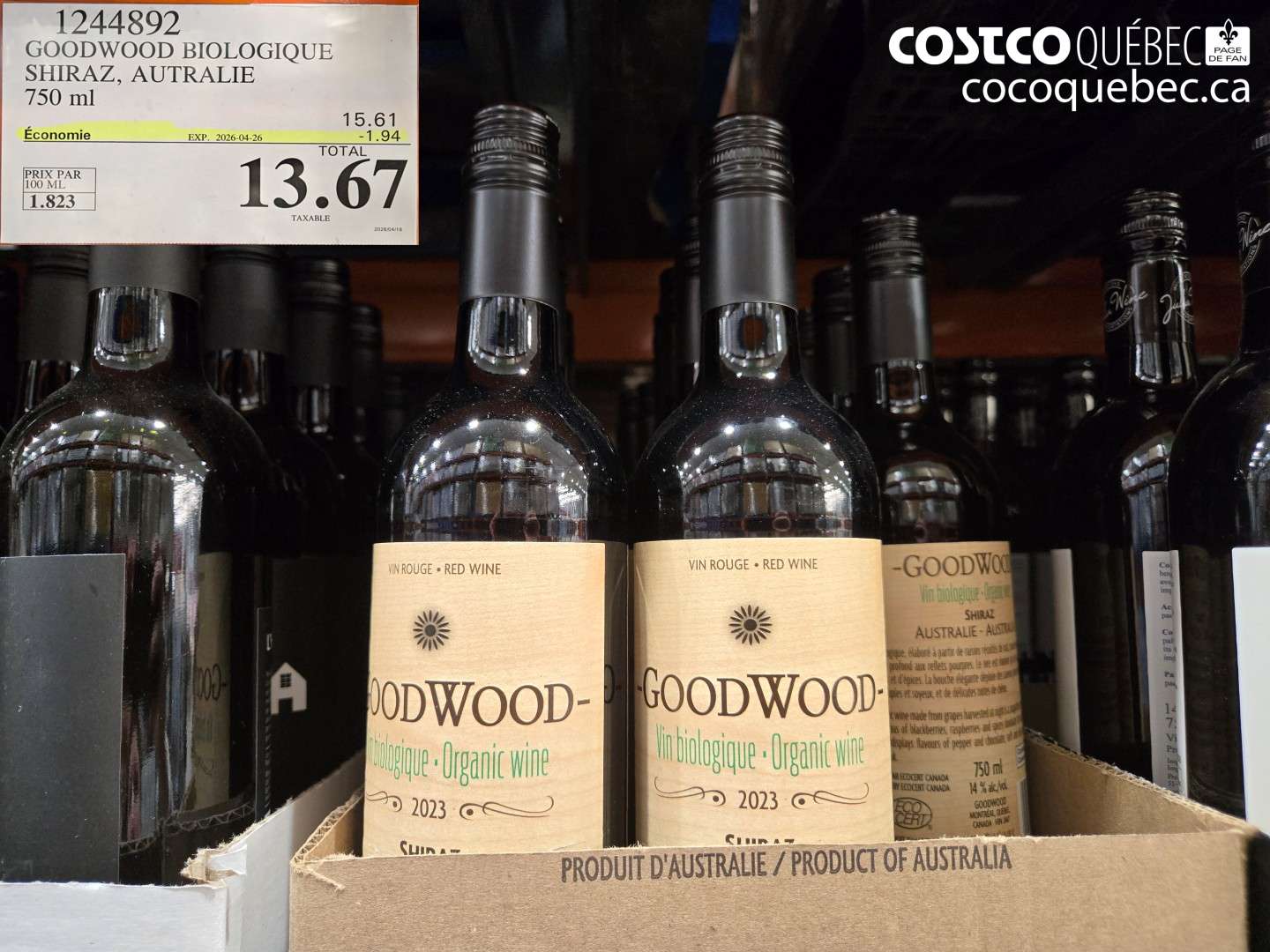 1244892 GOODWOOD BIOLOGIQUE SHIRAZ, AUSTRALIE 750 ML ($1.94 INSTANT SAVINGS EXPIRES ON 2026-04-26) $13.67