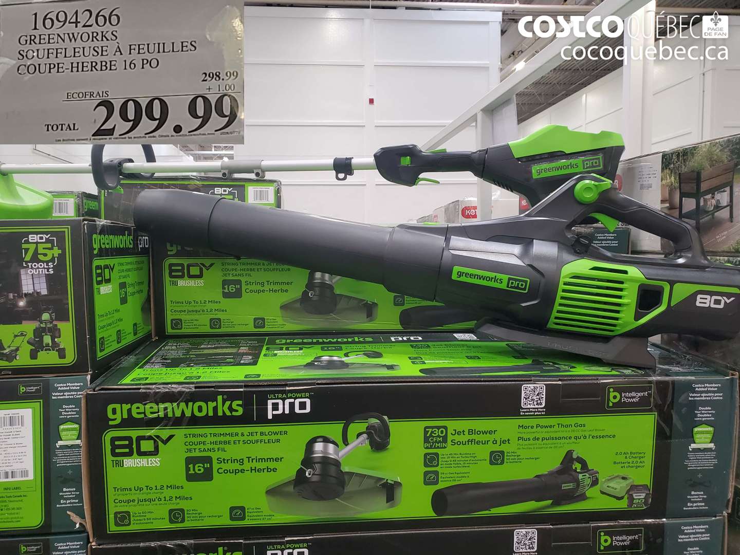 1694266 GREENWORKS SOUFFLEUSE À FEUILLES COUPE-HERBE 16 PO $299.99