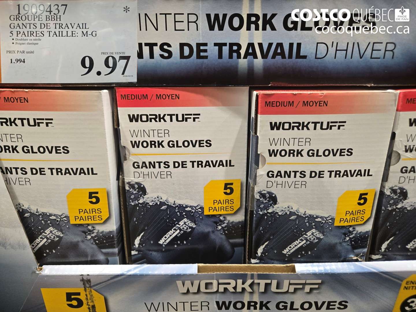 1909437 GROUPE BBH GANTS DE TRAVAIL 5 PAIRES TAILLE: M-G $9.97