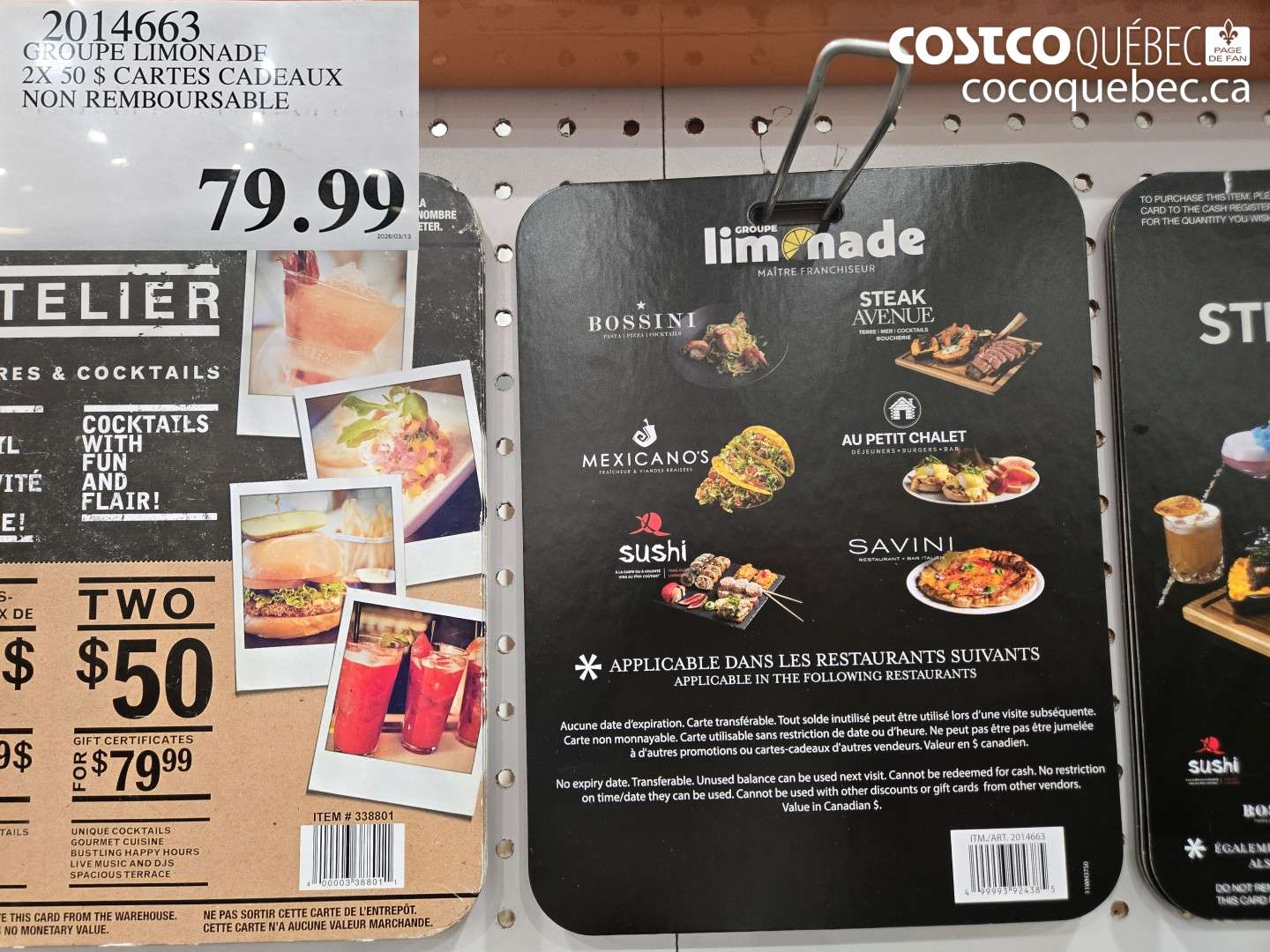 2014663 GROUPE LIMONADE 2 X 50 $ CARTES CADEAUX NON REMBOURSABLE $79.99