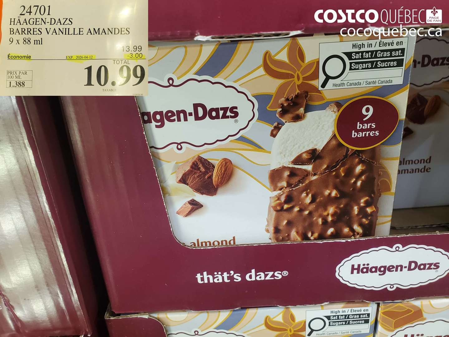 24701 HÄAGEN-DAZS BARRES VANILLE AMANDES 9 X 88 ML ($3.00 INSTANT SAVINGS EXPIRES ON 2026-04-12) $10.99