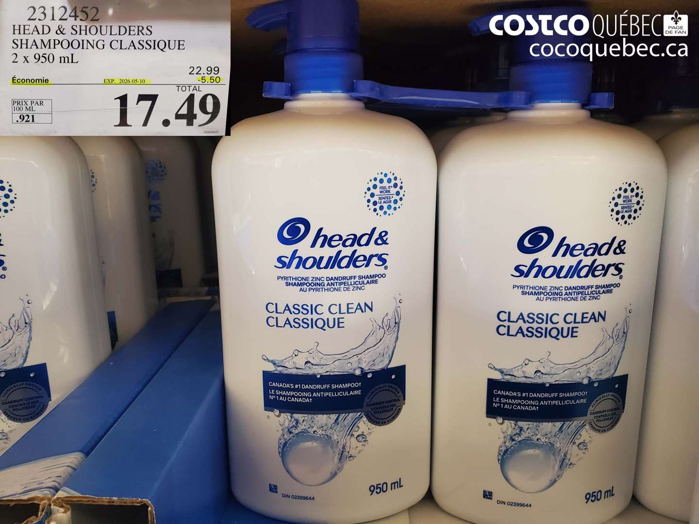 2312452 HEAD & SHOULDERS SHAMPOOING CLASSIQUE 2 X 950 ML ($5.50 INSTANT SAVINGS EXPIRES ON 2026-05-10) $17.49