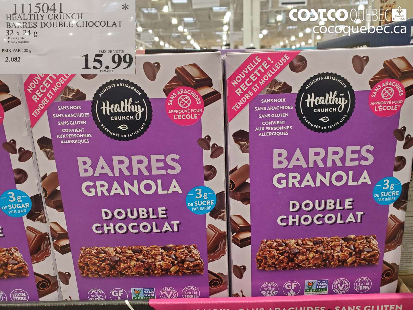 1115041 HEALTHY CRUNCH BARRES DOUBLE CHOCOLAT 32 X 24 G $15.99