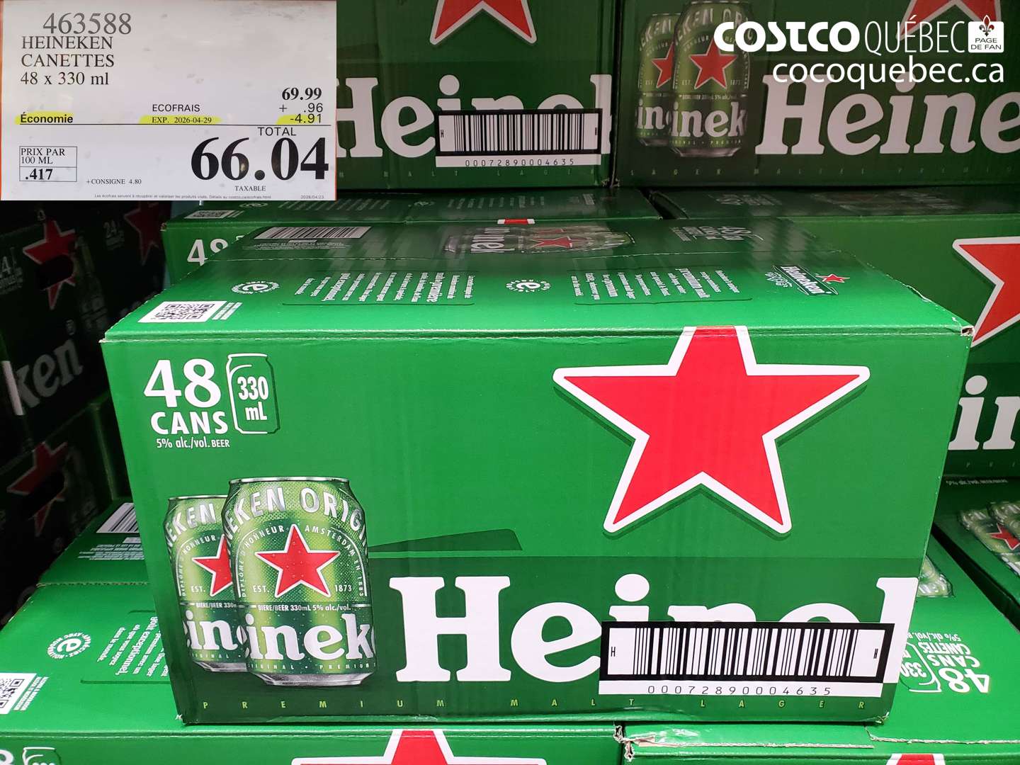 463588 HEINEKEN CANETTES 48 X 330 ML ($4.91 INSTANT SAVINGS EXPIRES ON 2026-04-29) $66.04