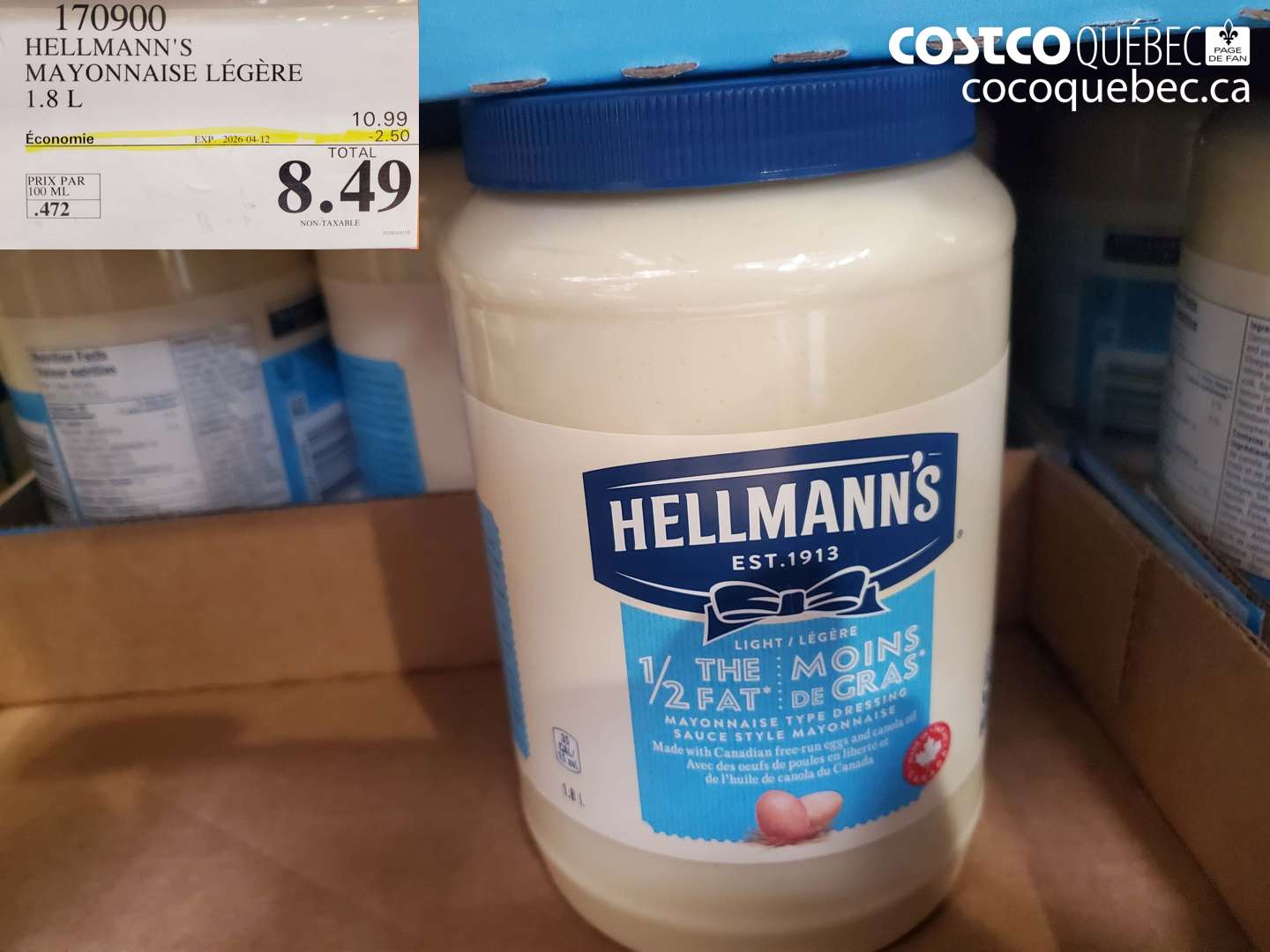 170900 HELLMANN'S MAYONNAISE LÉGÈRE 1.8 L ($2.50 INSTANT SAVINGS EXPIRES ON 2026-04-12) $8.49