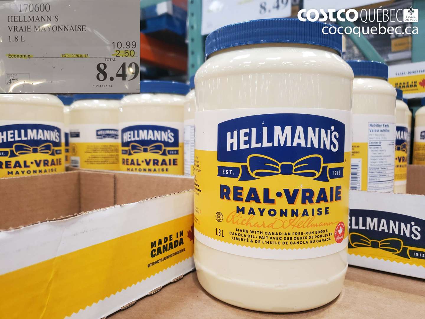 170600 HELLMANN'S VRAIE MAYONNAISE 1.8 L ($2.50 INSTANT SAVINGS EXPIRES ON 2026-04-12) $8.49