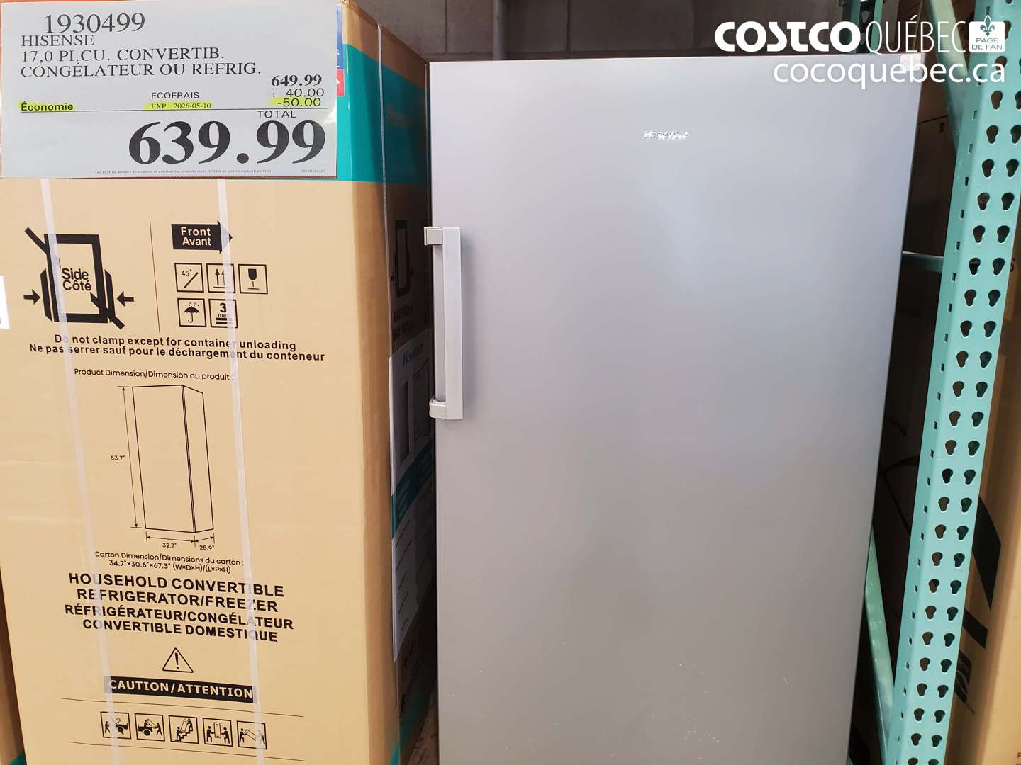 1930499 HISENSE 17,0 PL.CU. CONVERTIB. CONGÉLATEUR OU REFRIG. ($50.00 INSTANT SAVINGS EXPIRES ON 2026-05-10) $639.99