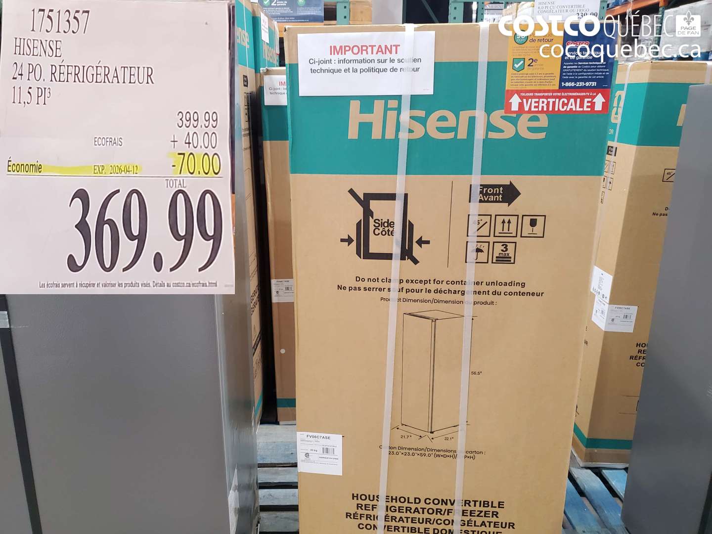 1751357 HISENSE 24 PO. RÉFRIGÉRATEUR 11,5 PI3 ($70.00 INSTANT SAVINGS EXPIRES ON 2026-04-12) $369.99