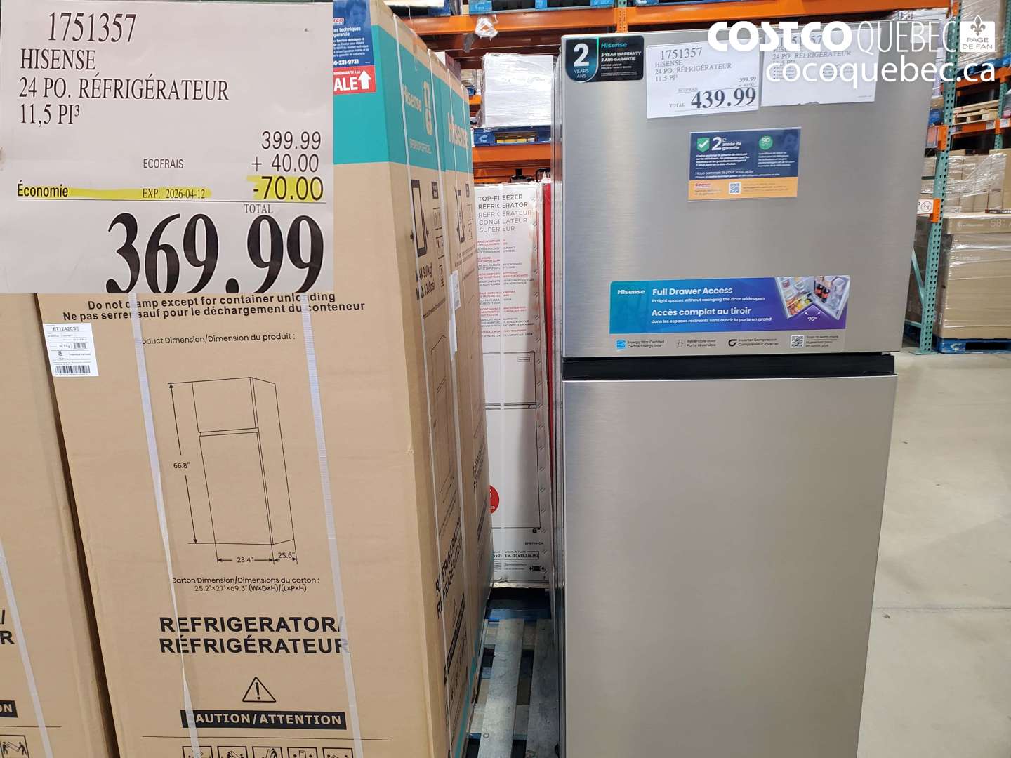 1751357 HISENSE 24 PO. RÉFRIGÉRATEUR 11,5 PI3 ($70.00 INSTANT SAVINGS EXPIRES ON 2026-04-12) $369.99
