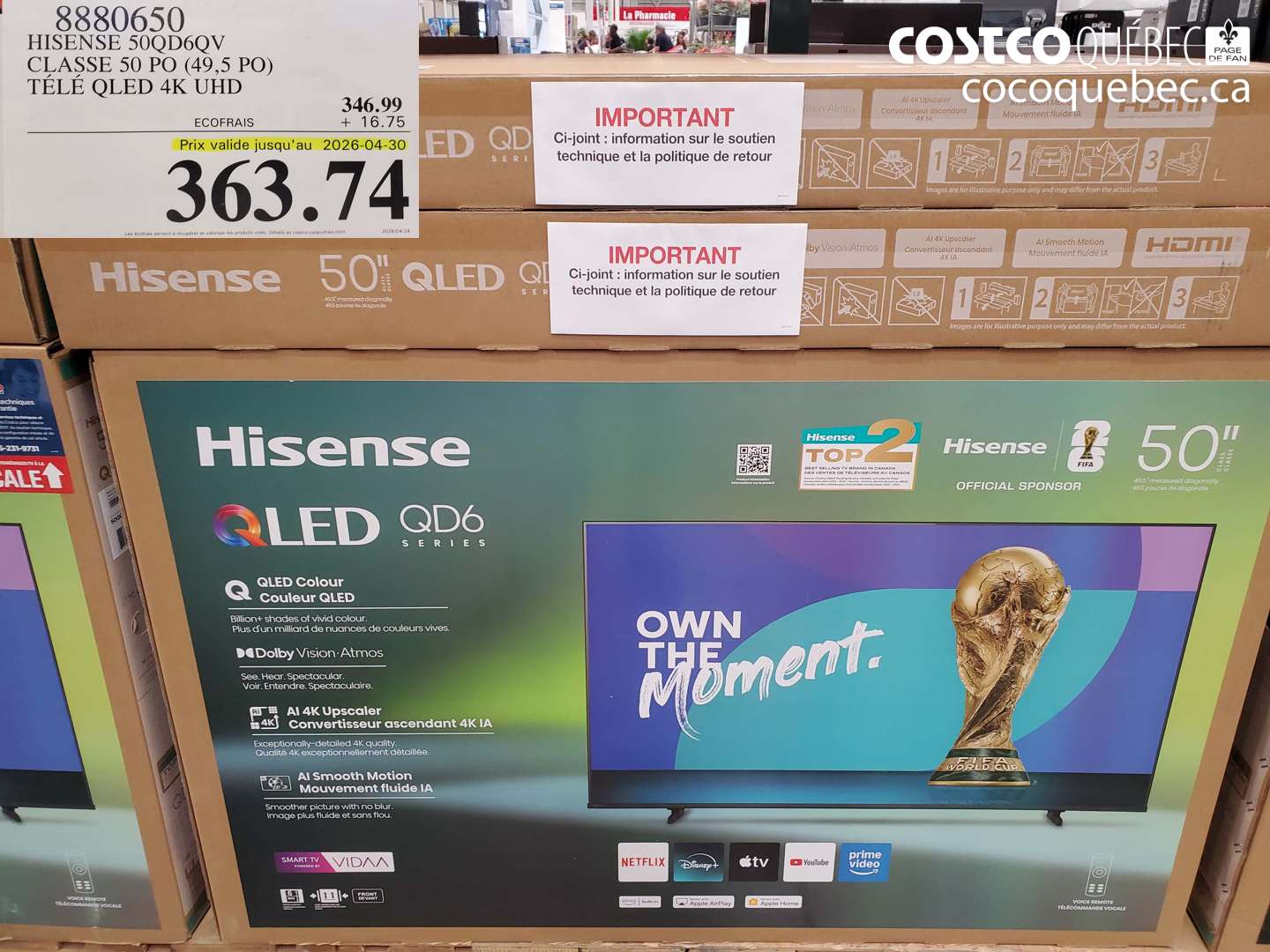 8880650 HISENSE 50QD6QV CLASSE 50 PO (49,5 PO) TELE QLED 4K UHD (EXPIRES ON 2026-04-30) $363.74