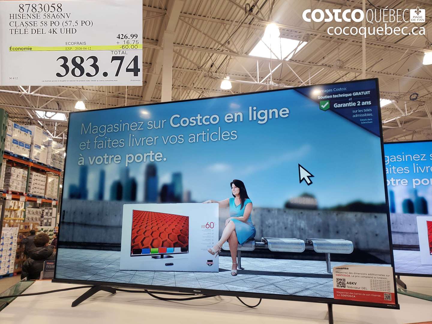 8783058 HISENSE 58A6NV CLASSE 58 PO (57,5 PO) TELE DEL 4K UHD ($60.00 INSTANT SAVINGS EXPIRES ON 2026-04-12) $383.74