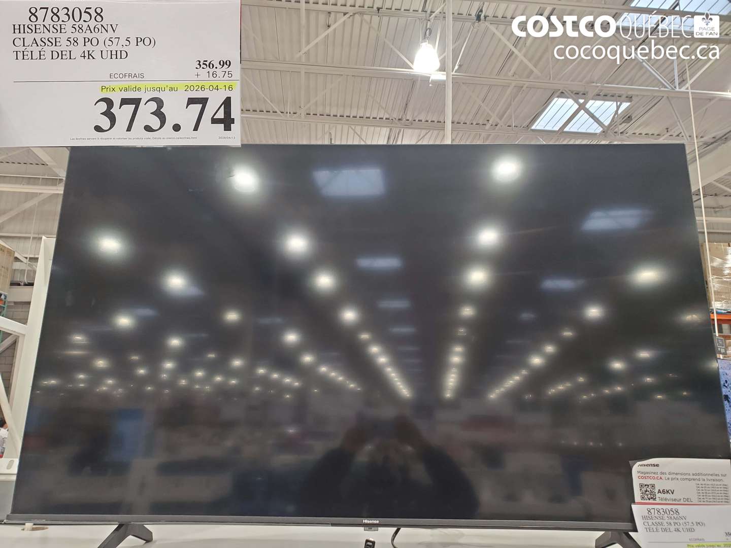 8783058 HISENSE 58A6NV CLASSE 58 PO (57,5 PO) TÉLÉ DEL 4K UHD (EXPIRES ON 2026-04-16) $373.74