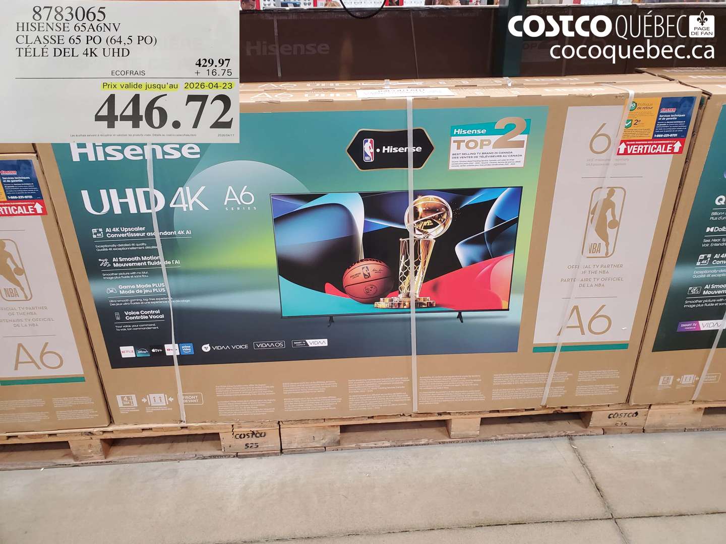 8783065 HISENSE 65A6NV CLASS E 65 PO (64,5 PO) TELE DEL 4K UHD (EXPIRES ON 2026-04-23) $446.72